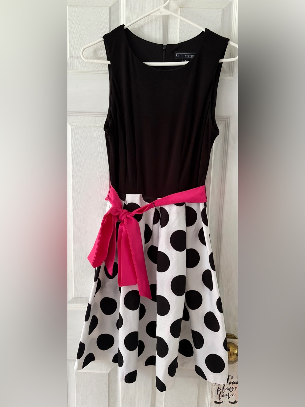 karin stevens Black & White Polka Dot Dress with Pink Sash